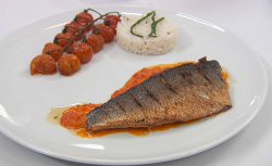 AJ’s sea bass with cumin rice and a vermouth and pepper sauce on Celebrity Masterchef 2018