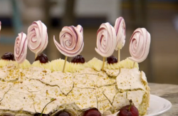 Manon’s amarene and kirsch cherry roulade on the Great British Bake Off