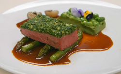 Spencer Matthews cannon of lamb with pea puree, asparagus and a lamb sauce main course on Celebr ...