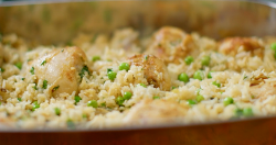 Nadiya Hussain chicken and rice bake with clarified butter, frozen peas and hot stock  on Nadiya ...