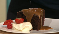 Simon Rimmer Mocha chocolate cake with salted caramel sauce on Sunday Brunch