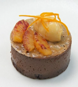 Bryn Williams chocolate parve with chocolate sponge, chocolate mousse and blood orange curd dess ...