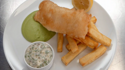 John Torode beer battered fish and chips with pea puree and tartare sauce on Celebrity Masterche ...