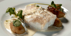 AJ and Lisa’s baked hake with potatoes and dill sauce on Celebrity Masterchef 2018