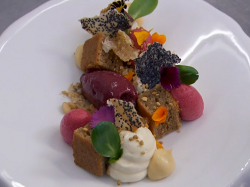 Paul Askew’s honey and ale sponge with blackberry sorbet dessert made by Spencer Matthews  ...