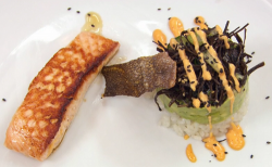 Japanese salmon with open Californian sushi stack on Celebrity masterchef 2018