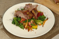 Pip Lacey’s crispy lamb belly with with heirloom tomatoes, harissa and kale on Saturday Ki ...