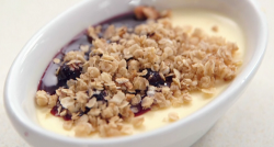 Monty  and Stefanie’s lemon posset with granola and blueberry compote on Celebrity Masterc ...