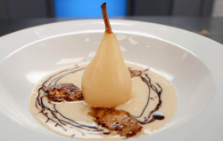 John Torode poached pear with creme anglaise, honeycomb and chocolate sauce on Celebrity Masterc ...