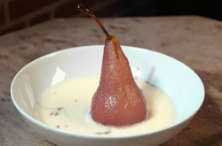 AJ’s poached pear with red wine and custard dessert on Celebrity Masterchef 2018