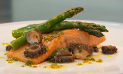 Clara Amfo roasted rainbow trout with asparagus and morel mushrooms made using a recipe by Alan  ...