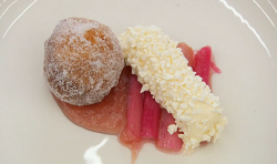 Martin Bayfield poached rhubarb and doughnut dessert on Celebrity Masterchef 2018 Final