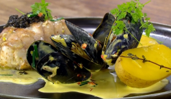 Daniel Galmiche roasted monkfish with potatoes and caviar on James Martin’s Saturday Morning