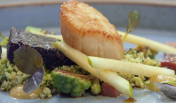 Paul Askew’s escalope with black pudding and couscous cooked by Stefanie Reid on Celebrity Maste ...