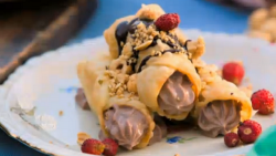 Jamie Oliver Sicilian cannoli with spiced ricotta filling and bitter chocolate on Jamie Cooks Italy