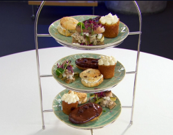 Spencer Matthews afternoon tea with  tiramisu chocolate eclairs and parsnip and banana cakes on  ...