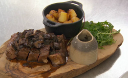 Lisa Maxwell sirloin steak with red wine and mushroom sauce on Celebrity Masterchef 2018