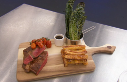 Stefanie Reid rib eye steak with kale and a beef thyme and rosemary sauce on Celebrity Masterche ...