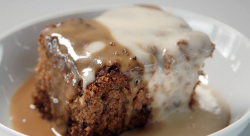 AJ and Lisa’s sticky toffee pudding with butterscotch sauce and custard on Celebrity Maste ...