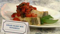 CJ Jackson grilled halibut with puttanesca on Sunday Brunch