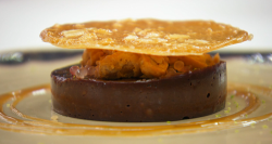 Laurence’s baked chocolate mousse with miso caramel and candied peanuts on MasterChef: The ...