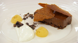 Michelle’s dark chocolate and cardamom slice with poached pear and vanilla sheep’s y ...