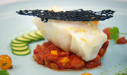 Dean’s lemon baked cod with chorizo and courgettes on MasterChef: The Professionals