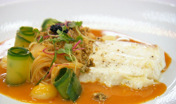 Mohan’s halibut with angel hair pasta and a laksa bisque on MasterChef: The Professionals