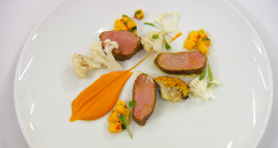 Michelle’s Caribbean curry spiced lamb with a sweet potato and ginger puree, cauliflower a ...