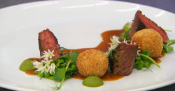 Ian’s lamb with bonbons and pea puree on MasterChef: The Professionals 2018