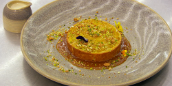 Mohan’s spiced mango tart with amaretto pistachio, vanilla butterscotch caramel and a lime ...