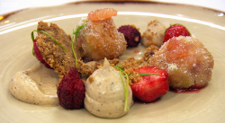 Mark’s burnt tonka cream with strawberry beignets dessert on Masterchef The Professionals