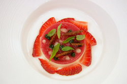 Calum’s yuzu citrus panna cotta with strawberries on MasterChef: The Professionals