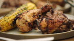 Jimmy and Shawna’s Jamaican BBQ Jerk chicken with sweet corn, rice and peas on Jamie and J ...