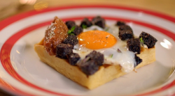 Paul Ainsworth buttermilk waffles with  black pudding fried eggs and golden raisin sauce on The  ...