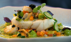 Michael Caines braised brill with mussels, clams, cockles and summer vegetables on MasterChef Th ...