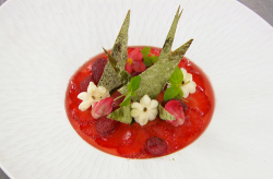 Luke’s buttermilk and lime leaf panna cotta with wild strawberries on MasterChef The profe ...