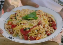 Jamie Oliver brown crab pasta with tomatoes, garlic and basil on Jamie and Jimmy’s Friday  ...