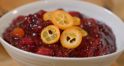 Catherine Fulvio cranberry sauce with kumquat, red wine, a cinnamon stick, nutmeg and sugar on T ...