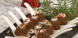 Adria Wu lentil and walnut meatballs with coconut raita on Sunday Brunch