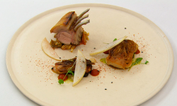 Lawrence’s pork loin with pork belly and hispi cabbage main course on MasterChef: The Prof ...