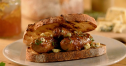 Paul Ainsworth’s Stilton snacks with marmalade sausages and Stilton cheese in a sandwich o ...