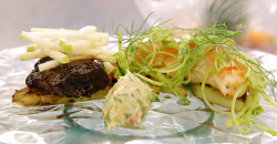 Matthew’s surf and turf with pork cheek, crab and lobster dish on MasterChef The Professio ...