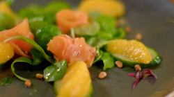 Catherine Fulvio lamb leaf salad with smoke trout, pine nuts and oranges on The Best Christmas F ...