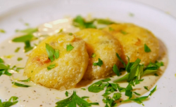 Lisa’s vegan fried ackee ravioli with a lemon cream sauce on Ainsley’s Caribbean Kitchen