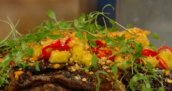 James Cochran slow braised jerk goat shoulder with polenta,  coriander and pineapple on Saturday ...