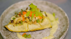 Damien’s roast breadfruit with lobster and salt fish on Ainsley’s Caribbean Kitchen