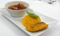 Carise’ Jamaican brown stew chicken with pumpkin rice and plantain on Masterchef 2019