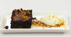 Sonia’s chocolate fudge brownie with hazelnut praline and a toffee and vodka cream on Mast ...