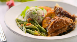 Kenneth’s  chicken curry with green seasoning, rum and  greens beans  on Ainsley’s Caribbe ...